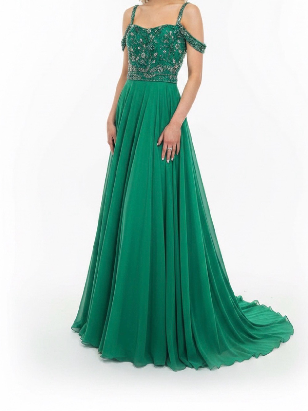 Elegant Green Beaded Off-Shoulder Evening Gown